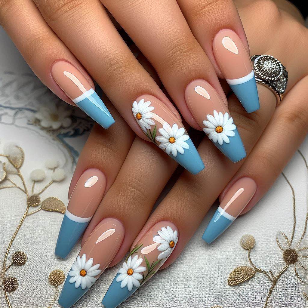 French Tip Nails Blue Flowers