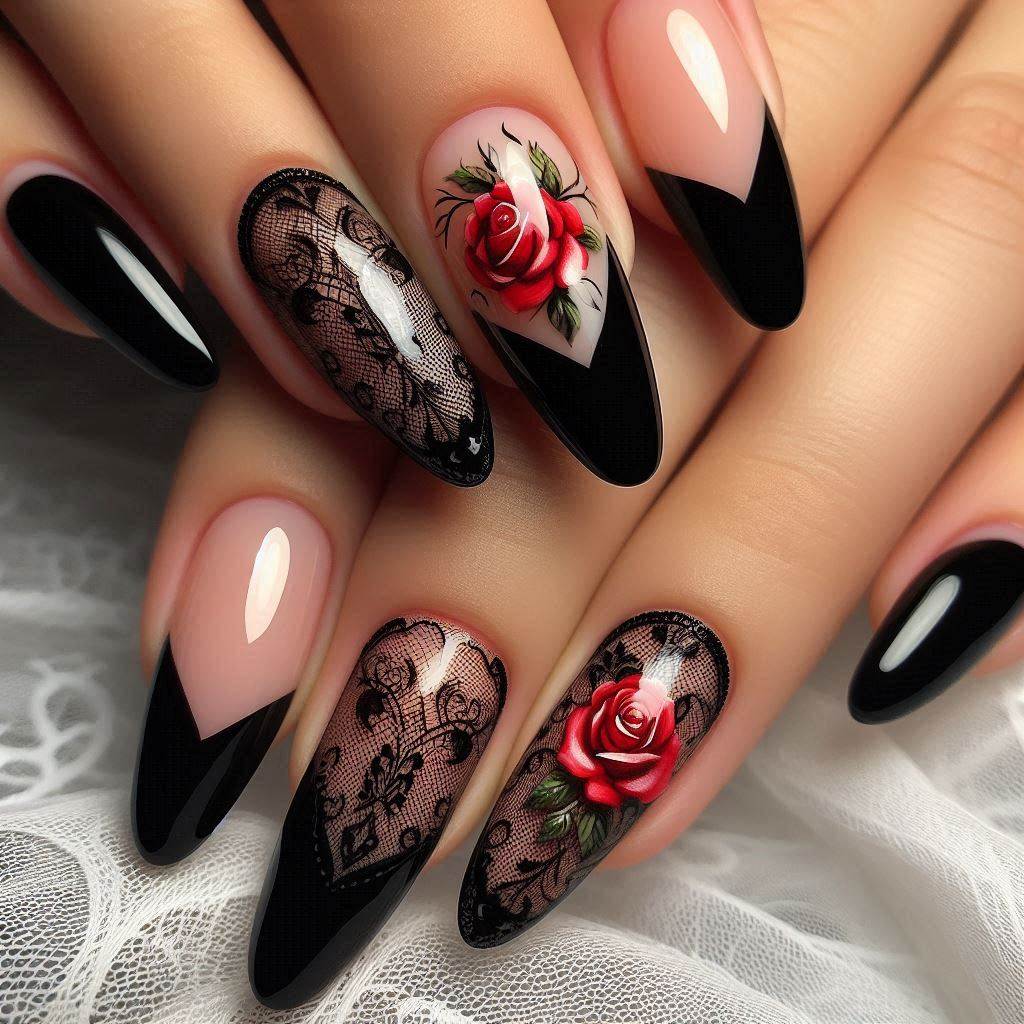 Black French Tips with Red Roses