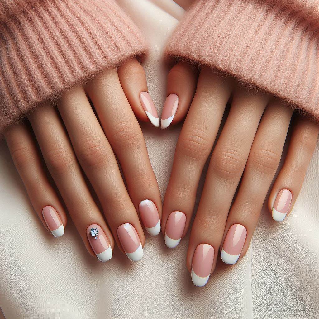 Minimalist Pink French Tip Nails with Tiny Gems