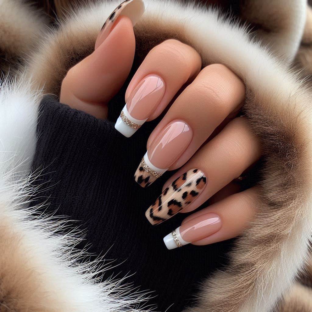 Animal Print Almond French Tip Nails