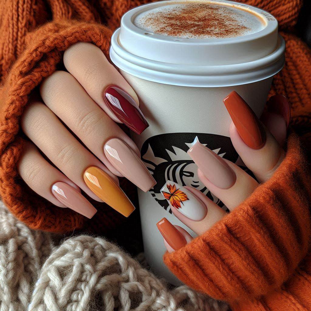 Coffin French Tip Nails in Fall Colors