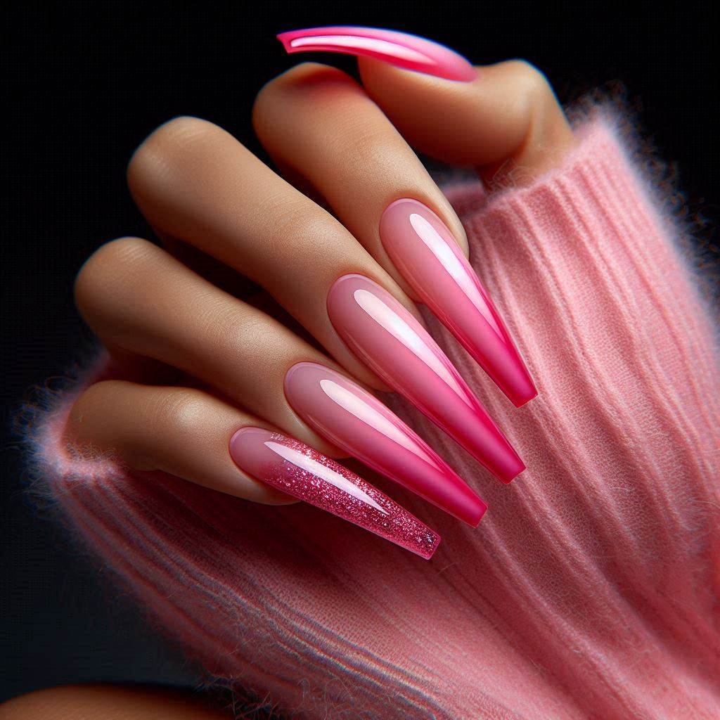 Bold Pink French Tip Nails Coffin Shape