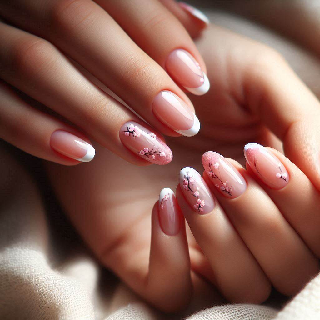Floral Pink French Tip Nails with Flower Accents