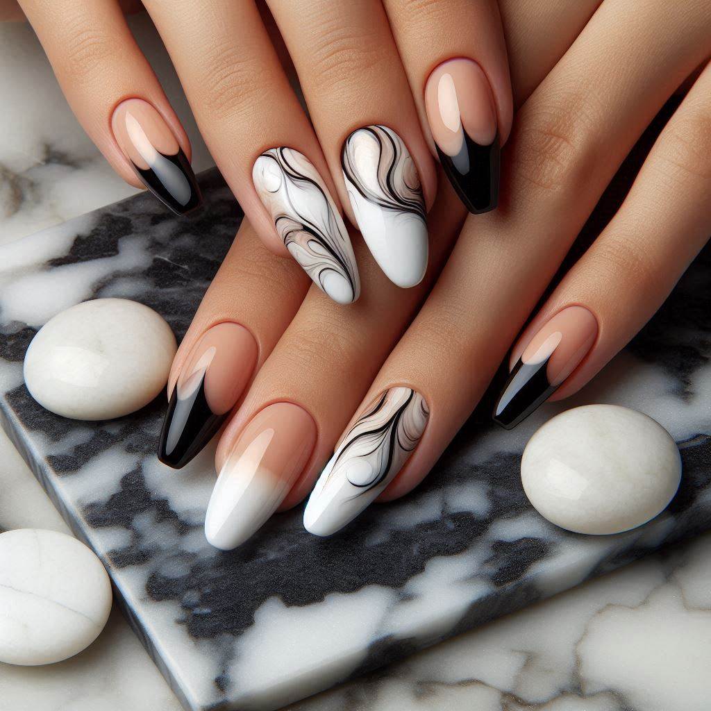White French Tip Nails with Abstract Art