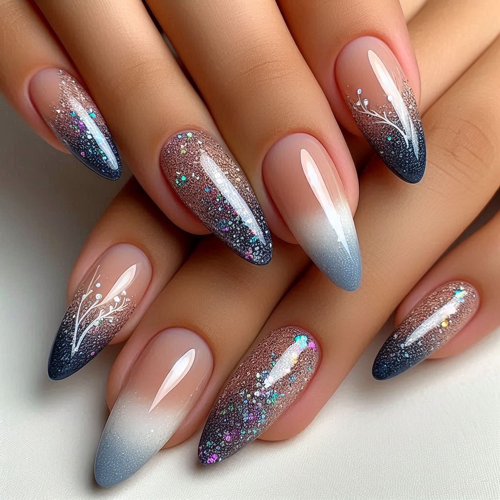Glitter French Tip Nails Blue