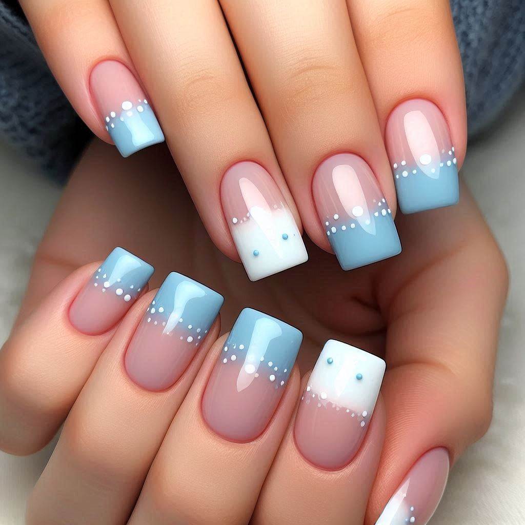 French Tip Nails Blue Dots
