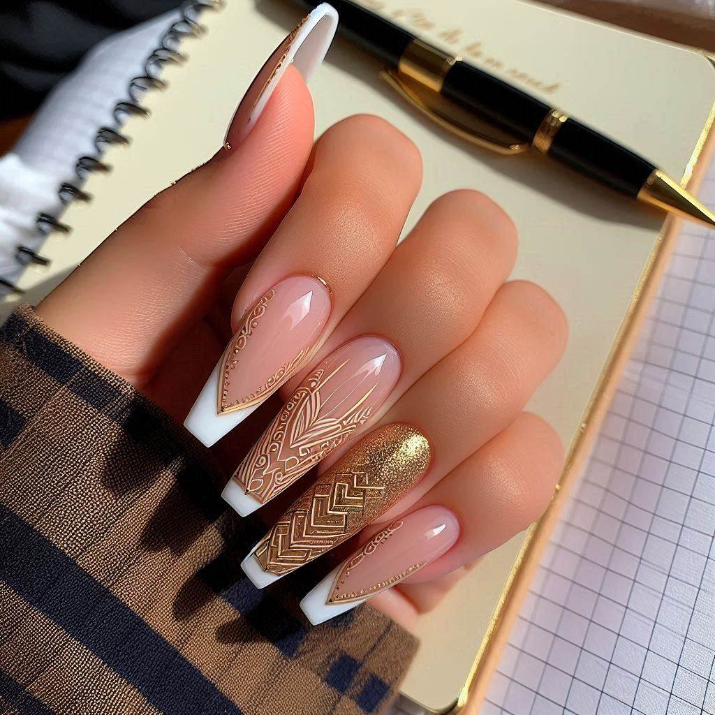 Coffin French Tip Nails with Design