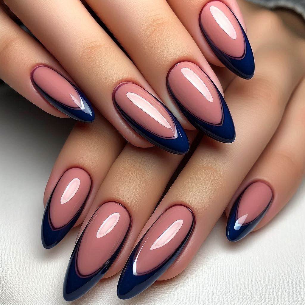 French Tip Nails Blue Almond
