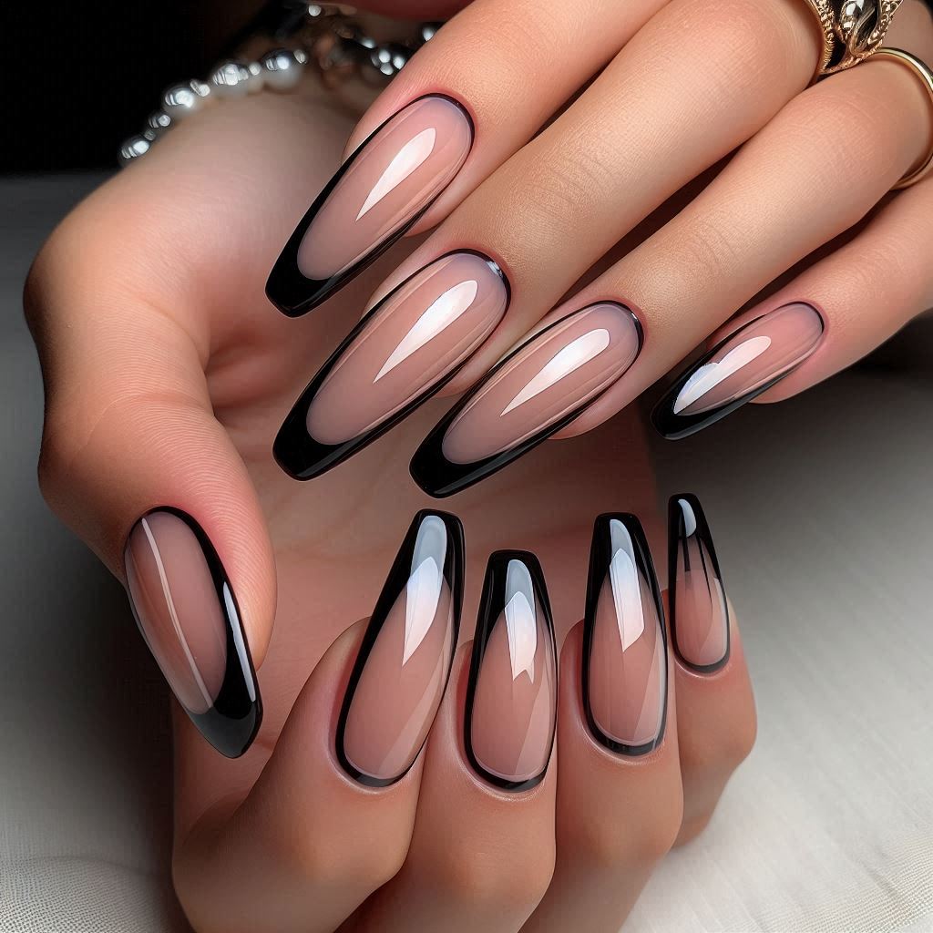Black French Tips on Clear Nails