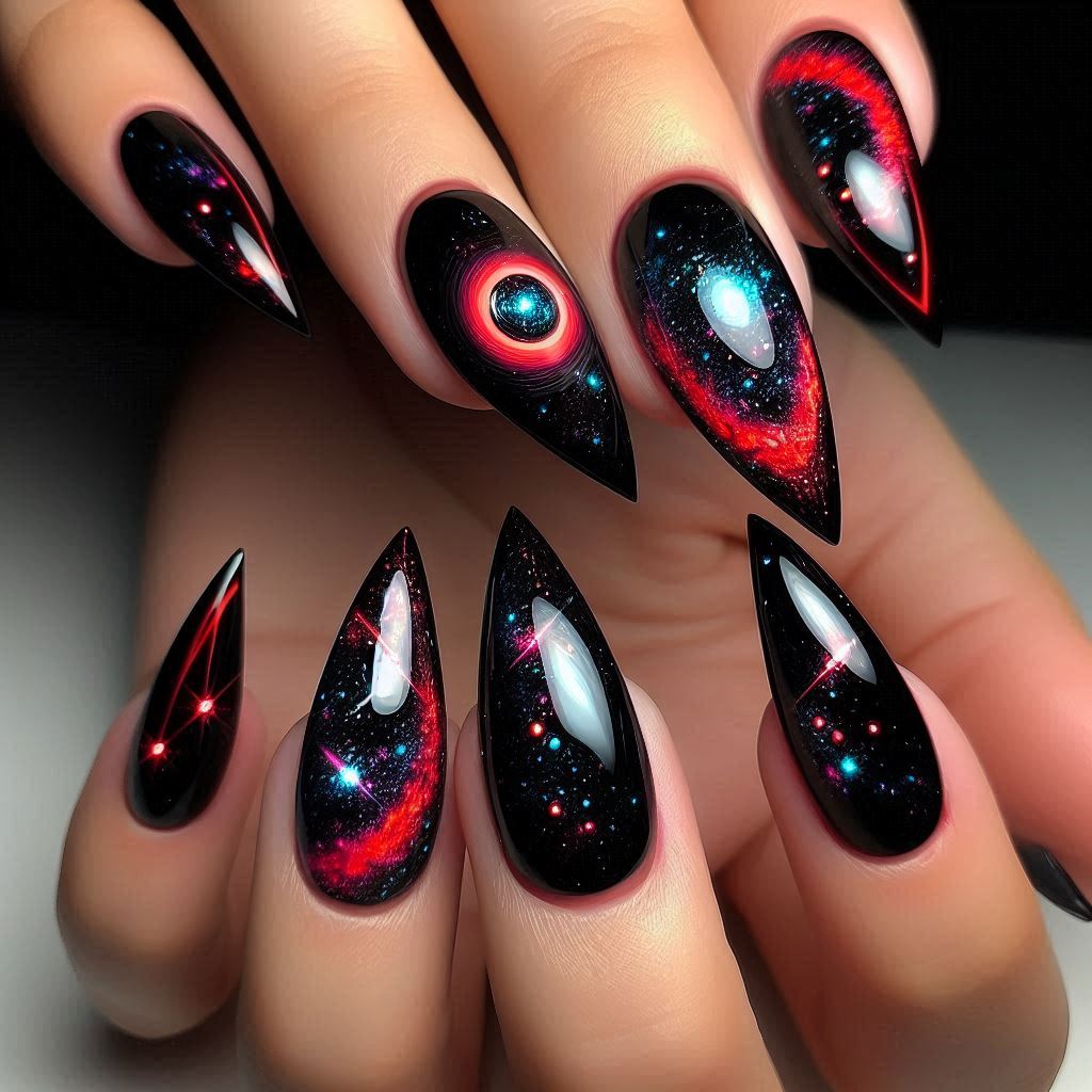 Cosmic Black and Red Cat Eye French Tips
