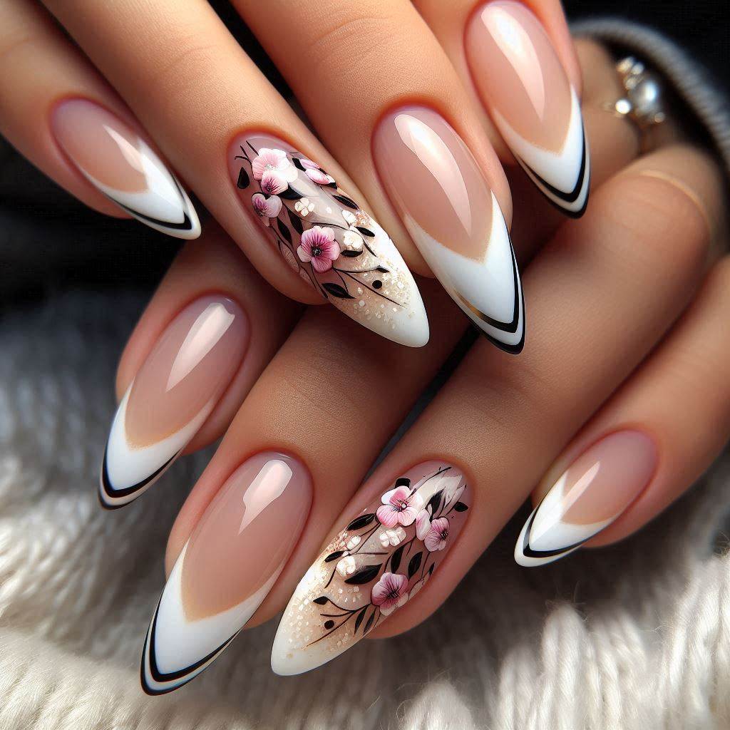 Almond French Tip Nails with Floral Design