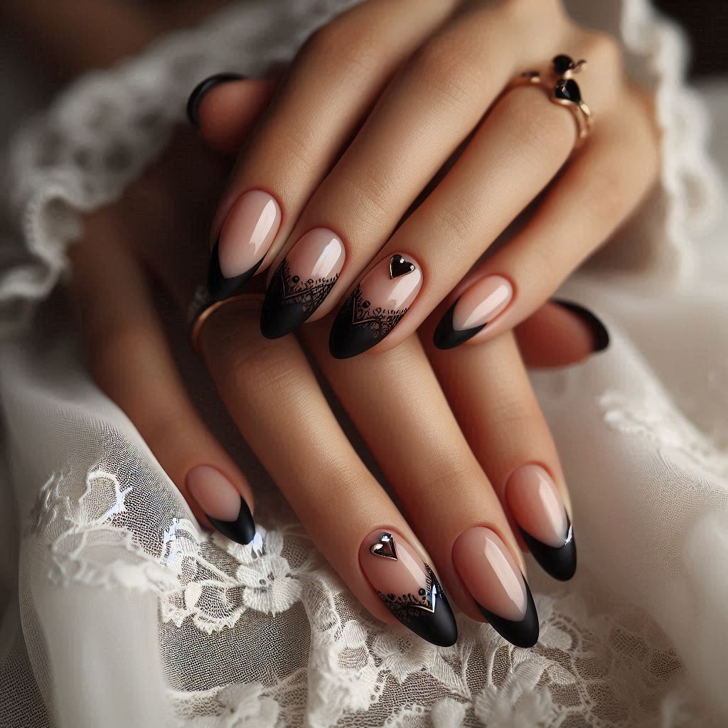 Black French Tips with Heart Accents