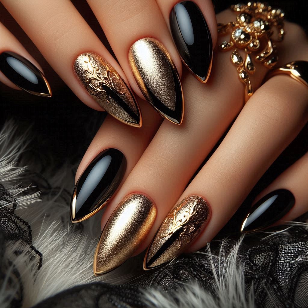 Black and Gold Cat Eye French Tips