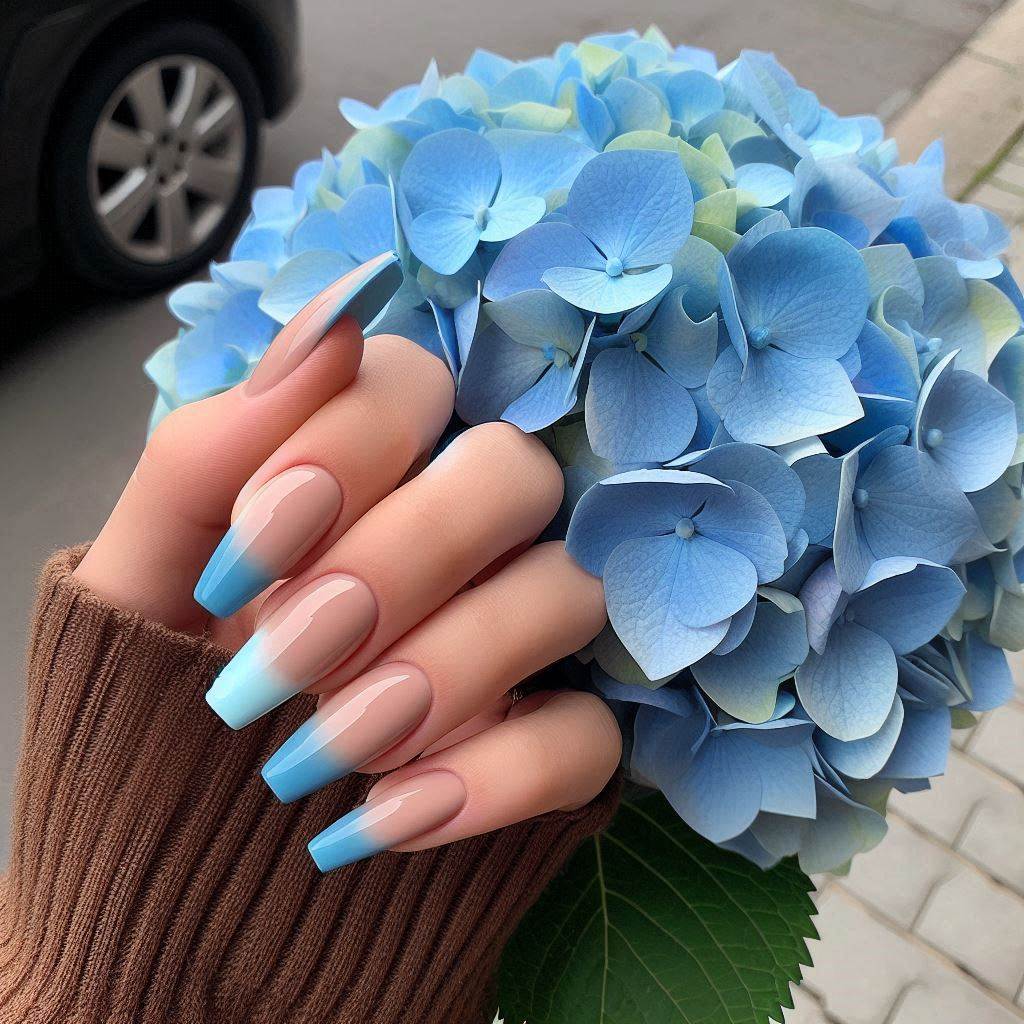 Coffin French Tip Nails Blue Hues