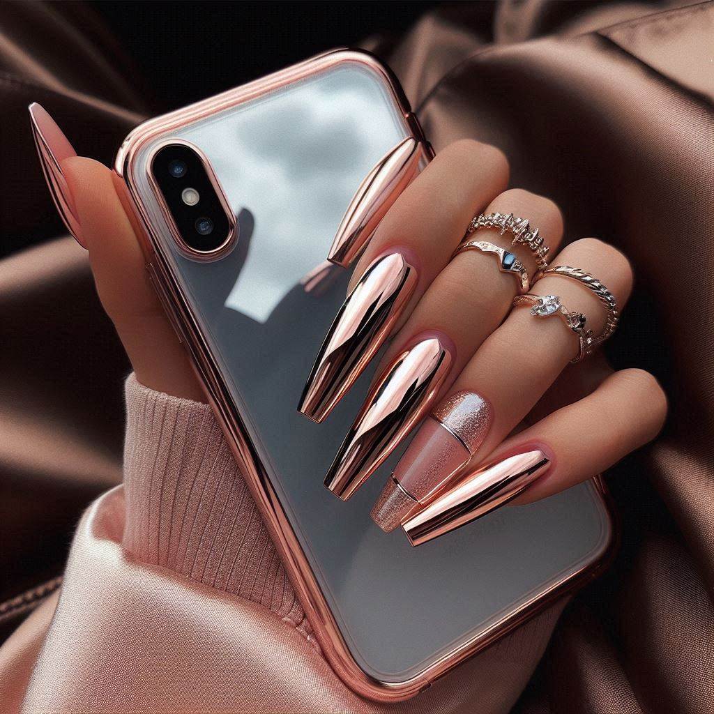 Chrome Coffin French Tip Nails