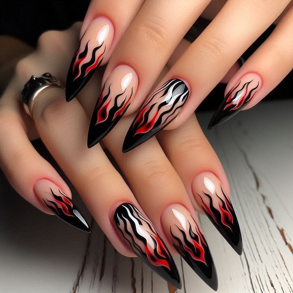 Black French Tips with Red Flames