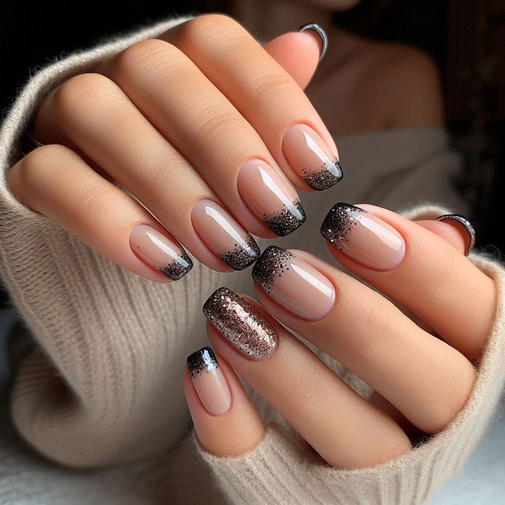 Black Glitter Tips on Nude Nails