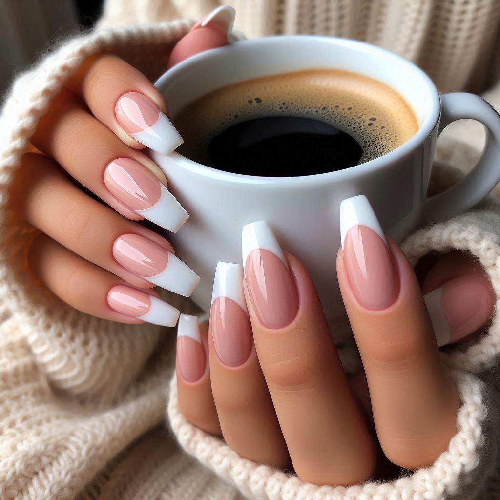 Coffin French Tip Nails Short and Chic