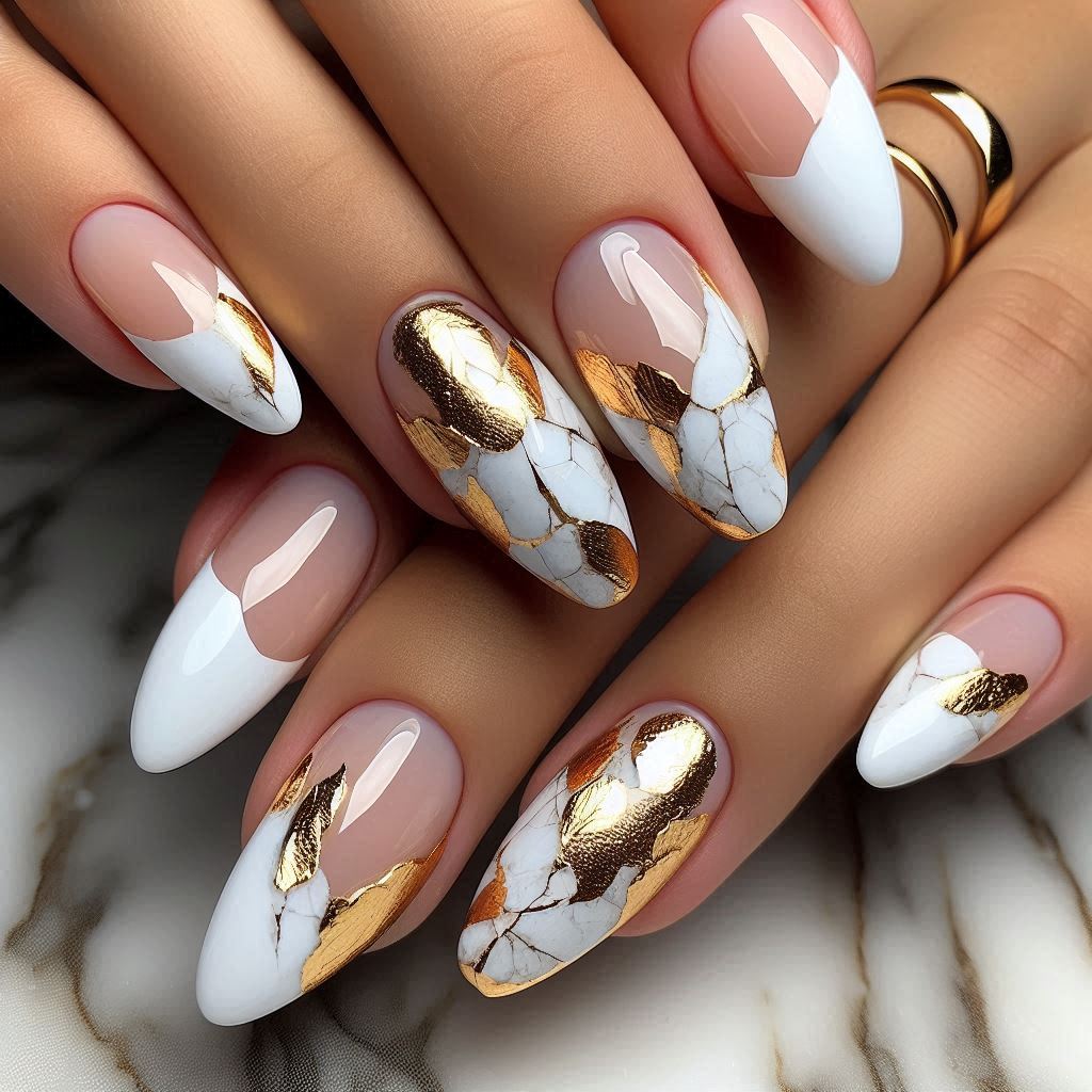 White French Tips with Gold Foil Accents