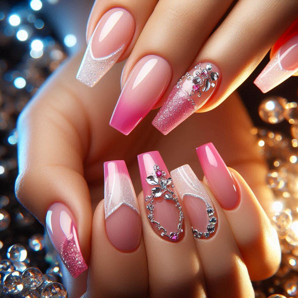 Dazzling Pink French Tip Nails with Rhinestones