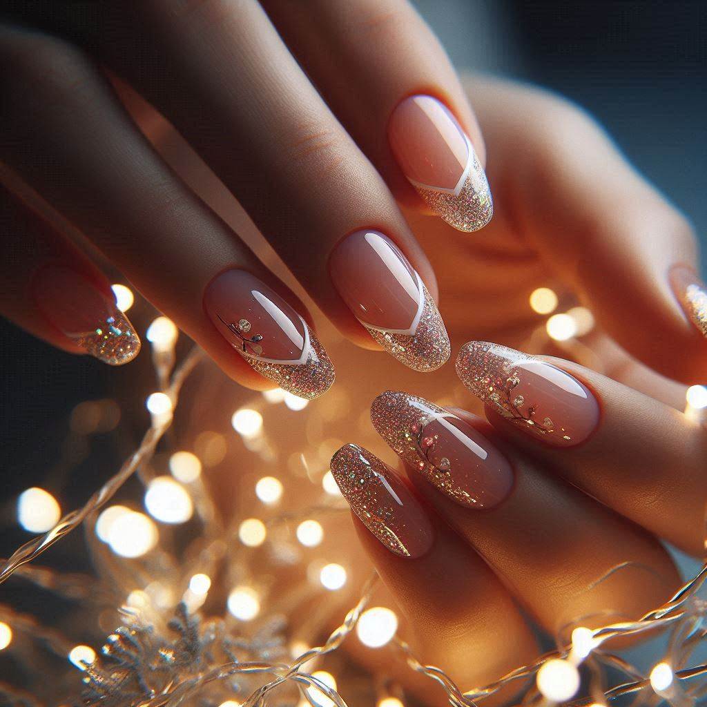 Glitter-Dusted Almond French Tip Nails
