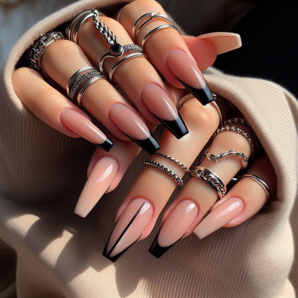 Coffin French Tip Nails Black Elegance