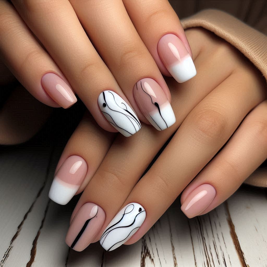 Minimalist Line Art on White French Tips