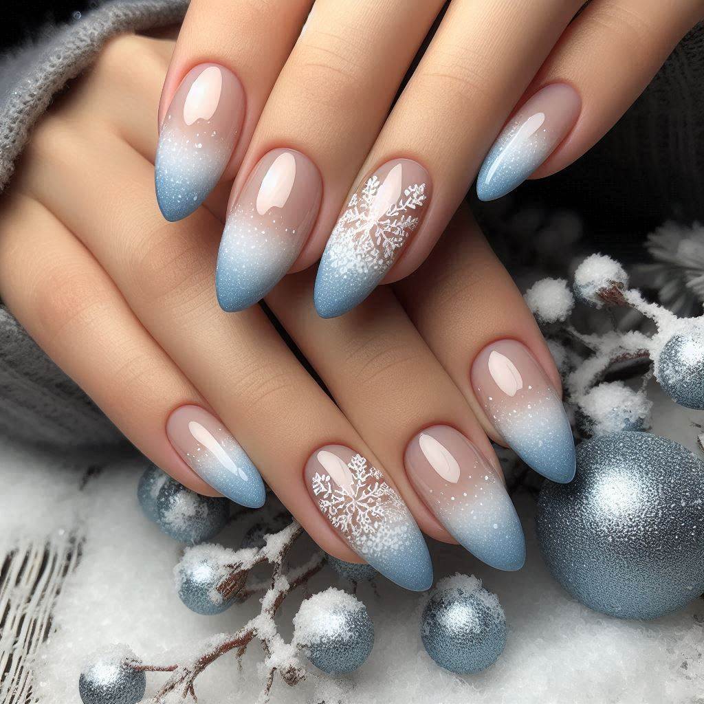 Frosty January Almond French Tip Nails