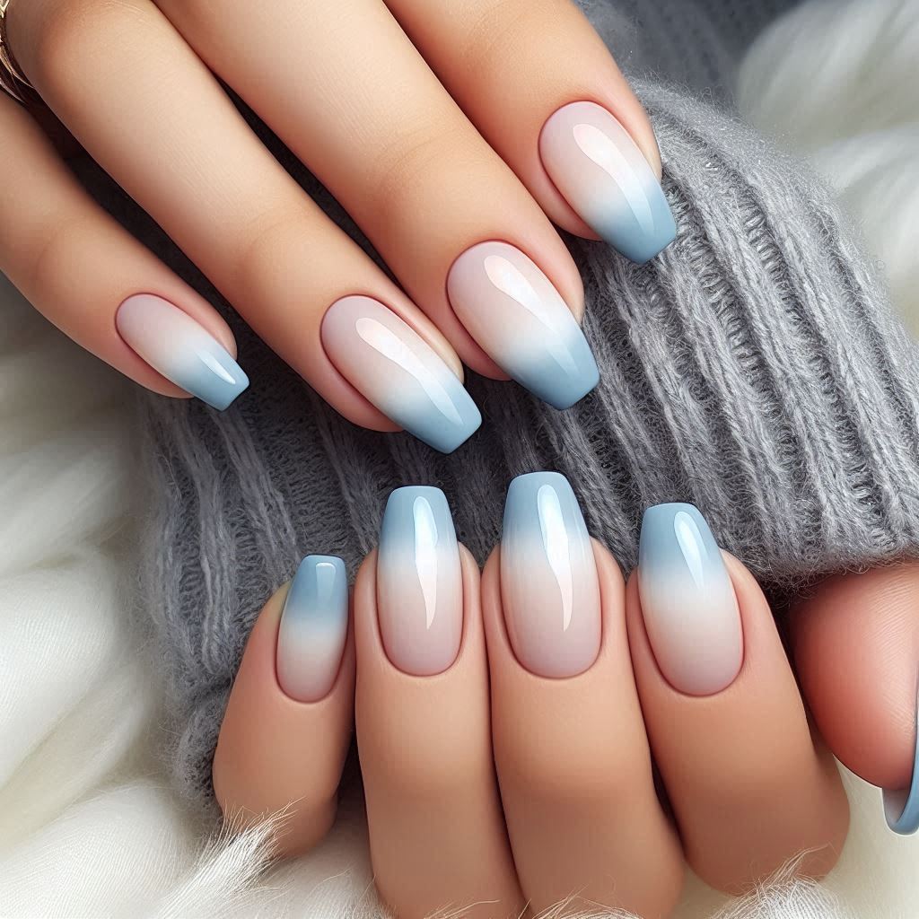 French Tip Nails Blue Short