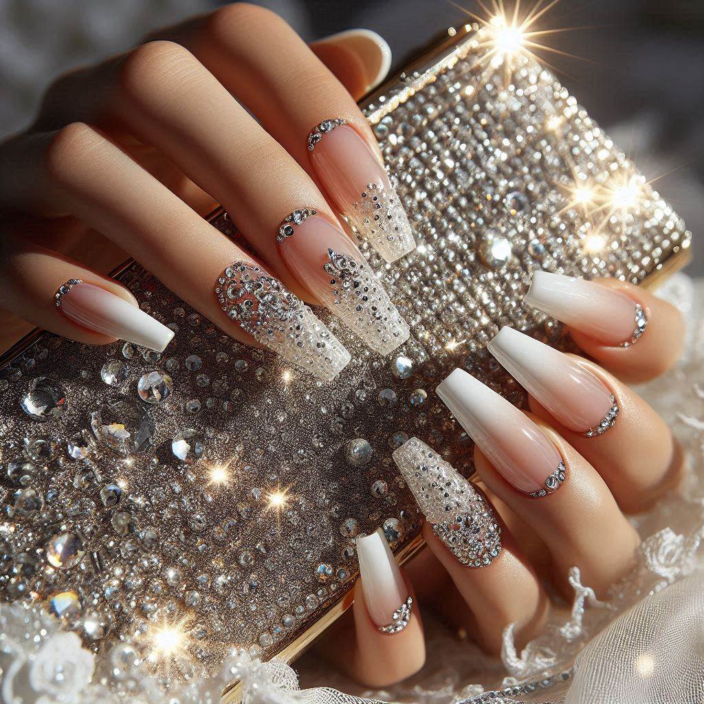 White French Tip Nails with Rhinestones