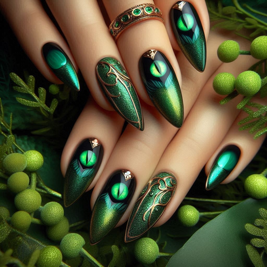 Deep Emerald Cat Eye French Tips