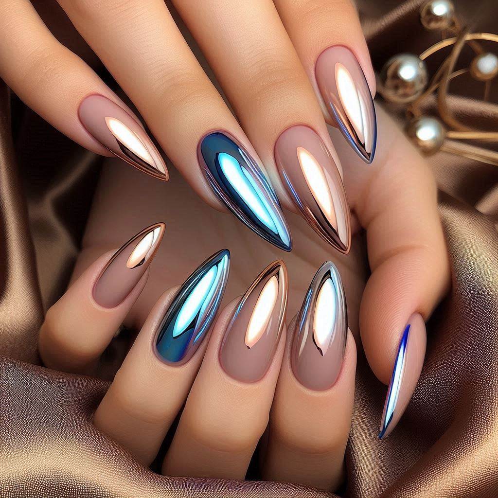 French Tip Nails Blue Chrome