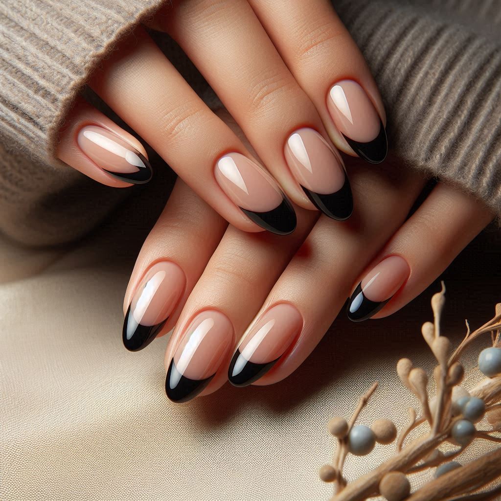 Glossy Black French Tips on Almond Nails