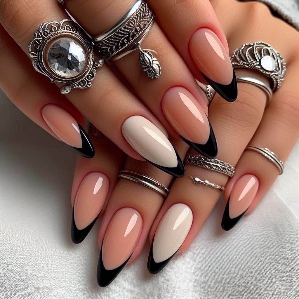 Edgy Black Almond French Tip Nails