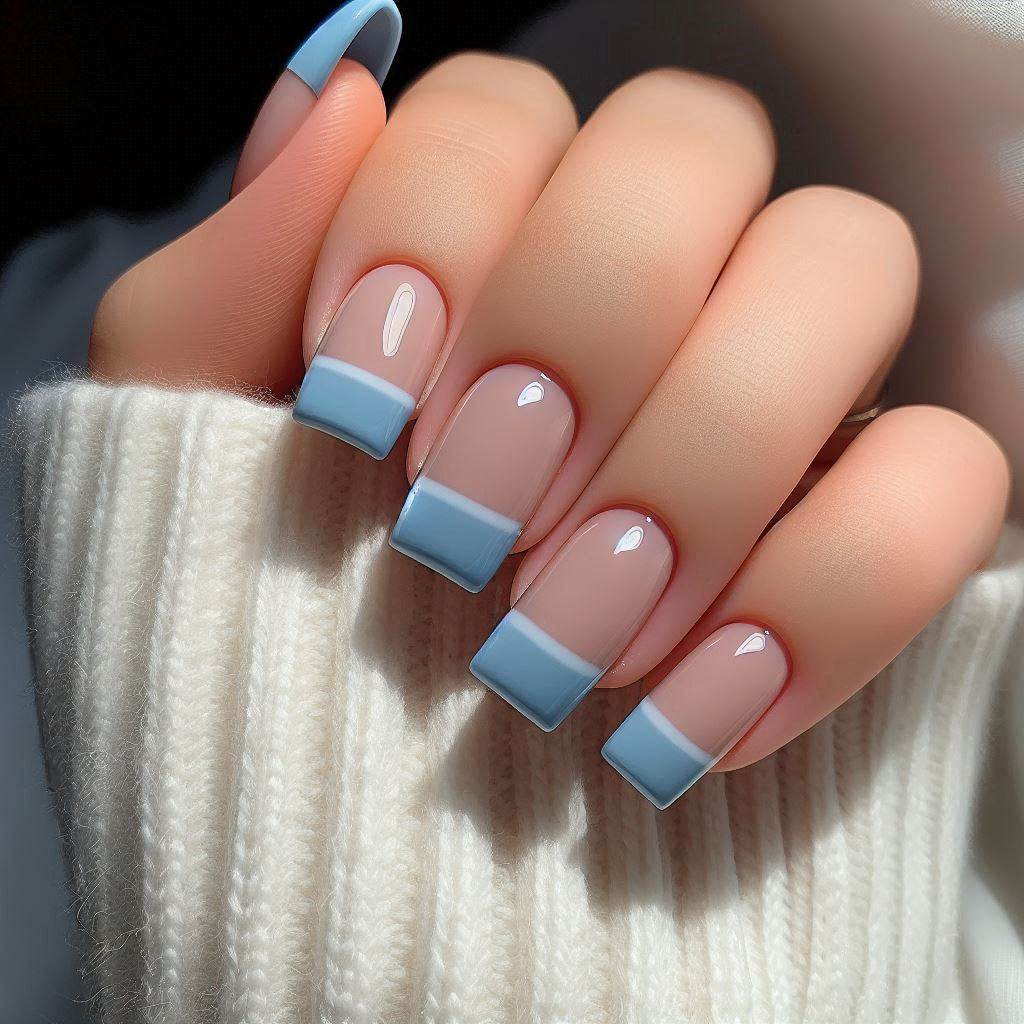 French Tip Nails Blue Square