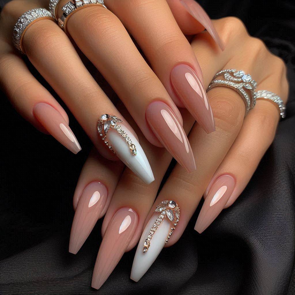 Coffin French Tip Nails with Rhinestones