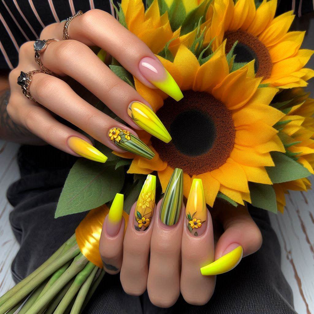 Coffin French Tip Nails Yellow Sunshine