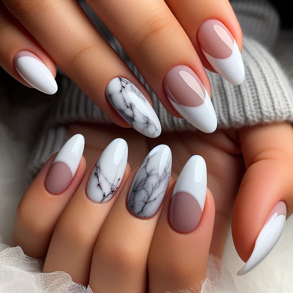 White French Tips with Marble Accents