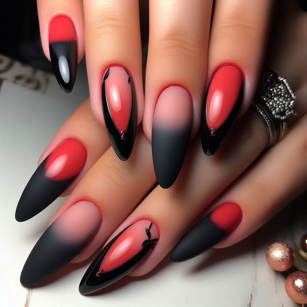 French Tips with Matte Black and Glossy Red Base