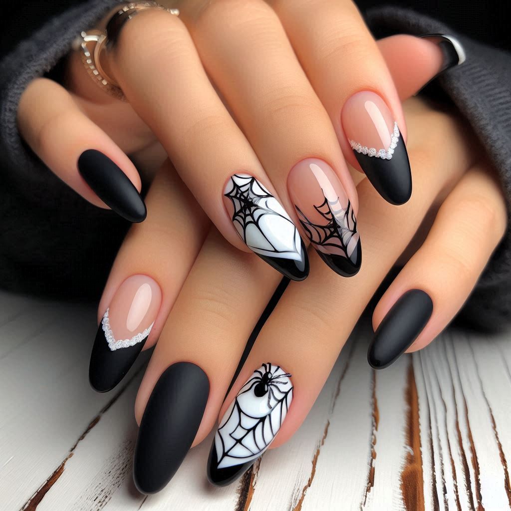 Black French Tips with Spider Web Nail Art