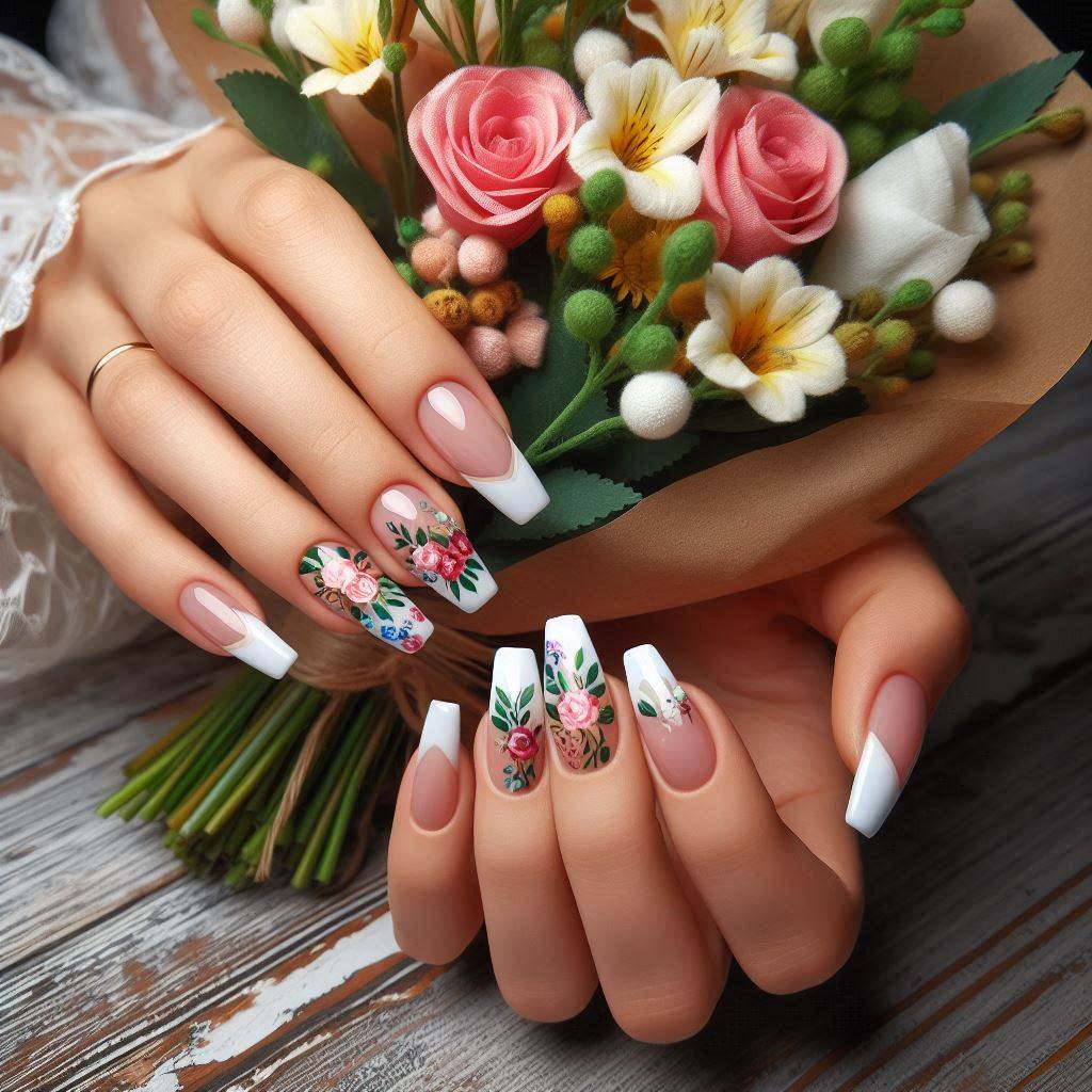 White French Tip Nails with Floral Design