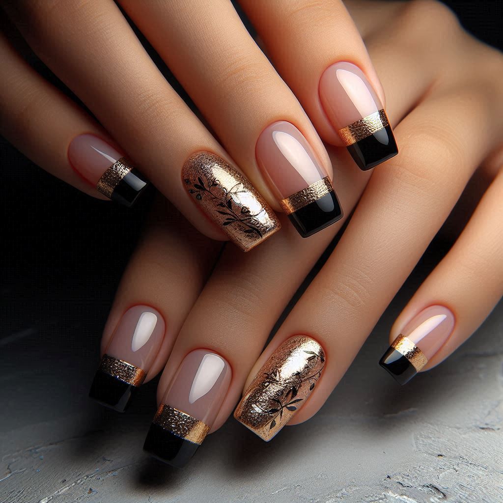Black French Tips with Gold Foil Accents