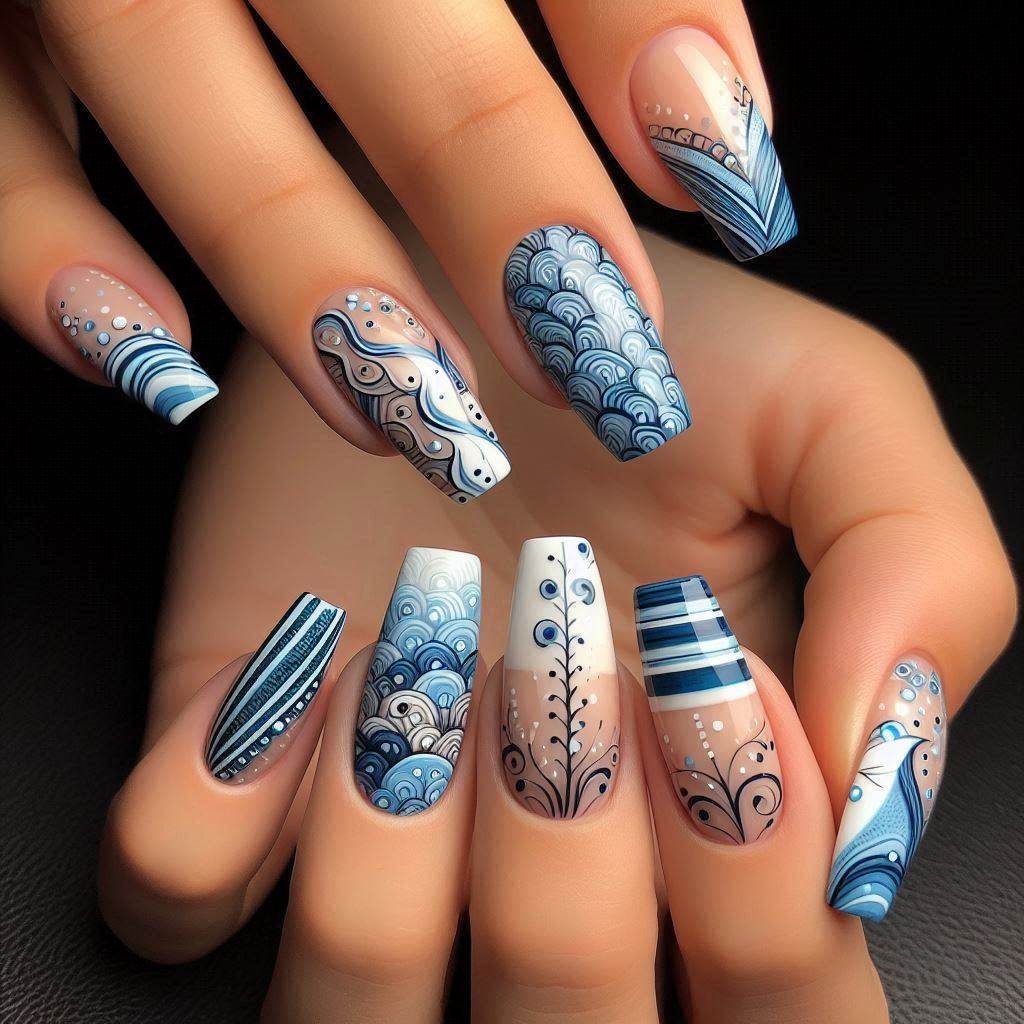 French Tip Nails Blue Design