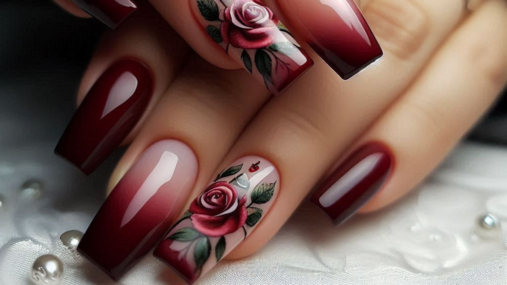 French Tips with Dark Red Roses