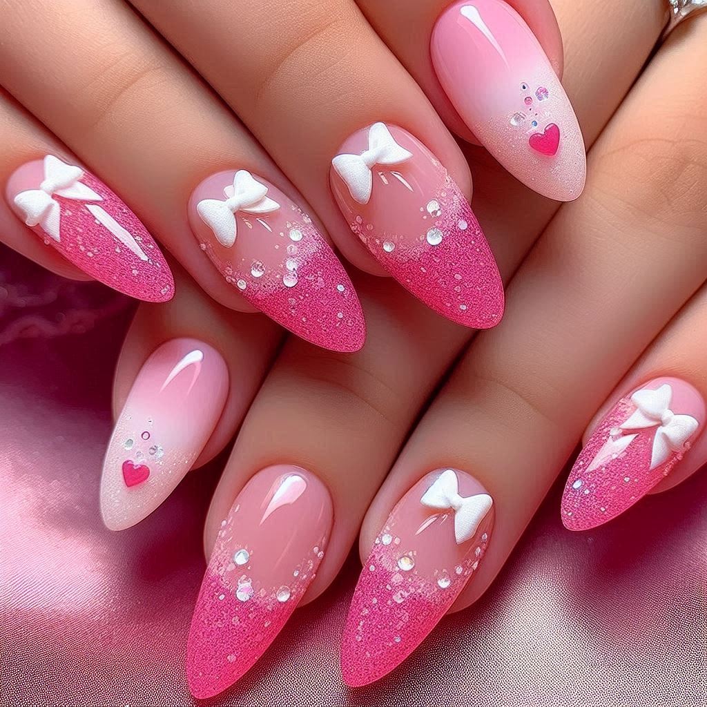 Glitter French Tip Nails with Bows