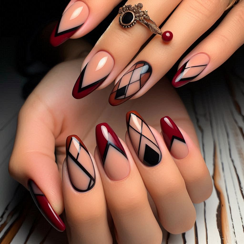 Dark Red Tips with Negative Space Art