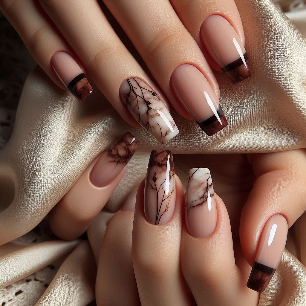 French Tips with Brown Marble Accents
