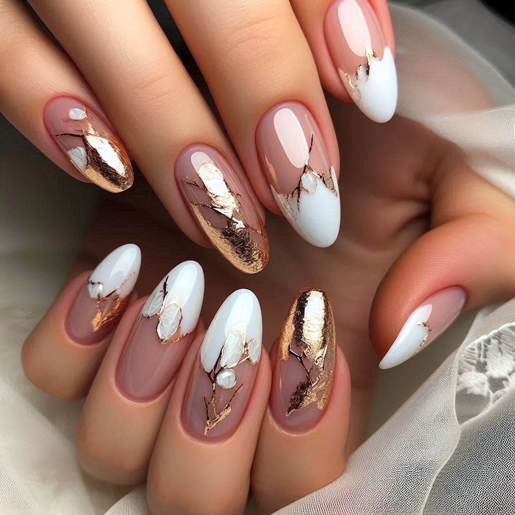 Pearl French Tips with Gold Foil