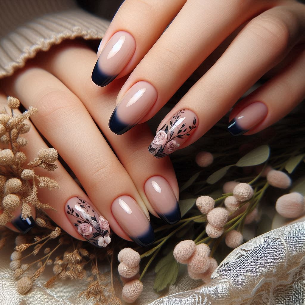 Navy Blue French Tips with Floral Art