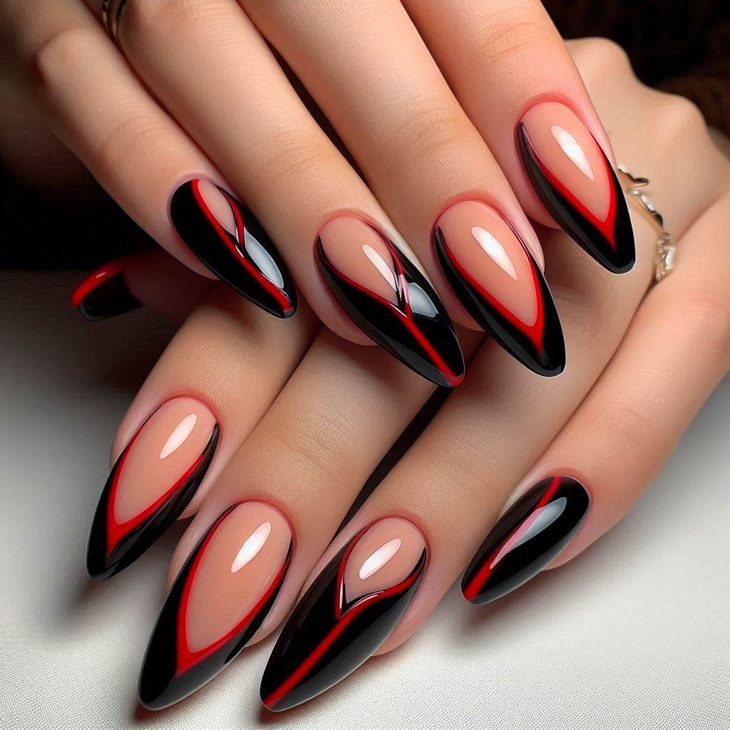 Black French Tips with Red Outline